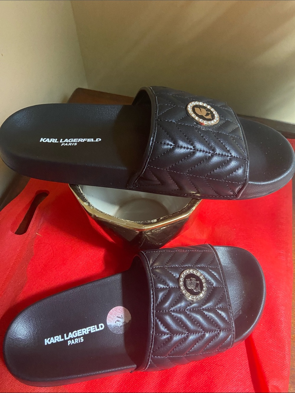 Karl Lagerfeld Black Quilted Slide Sandals with Gold Logo Medallions - Picture 3 of 4